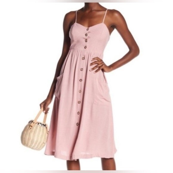 Good Luck Gem Nordstrom NWT Pink Button Down Sleeveless Midi Sun Dress Pockets S - Picture 3 of 10